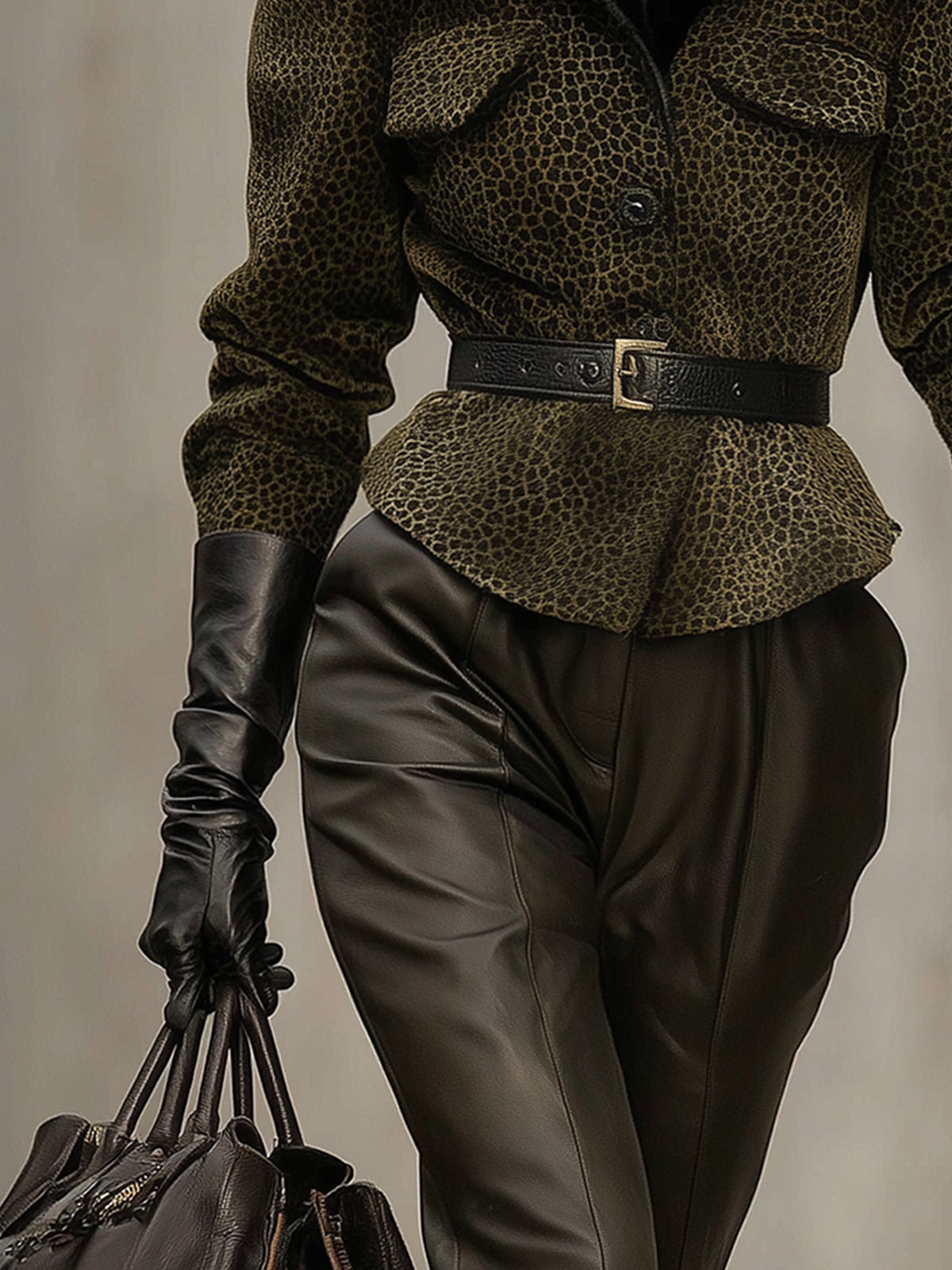 Dark Green Leopard Print Wool Blend Velvet Collar Belted Jacket