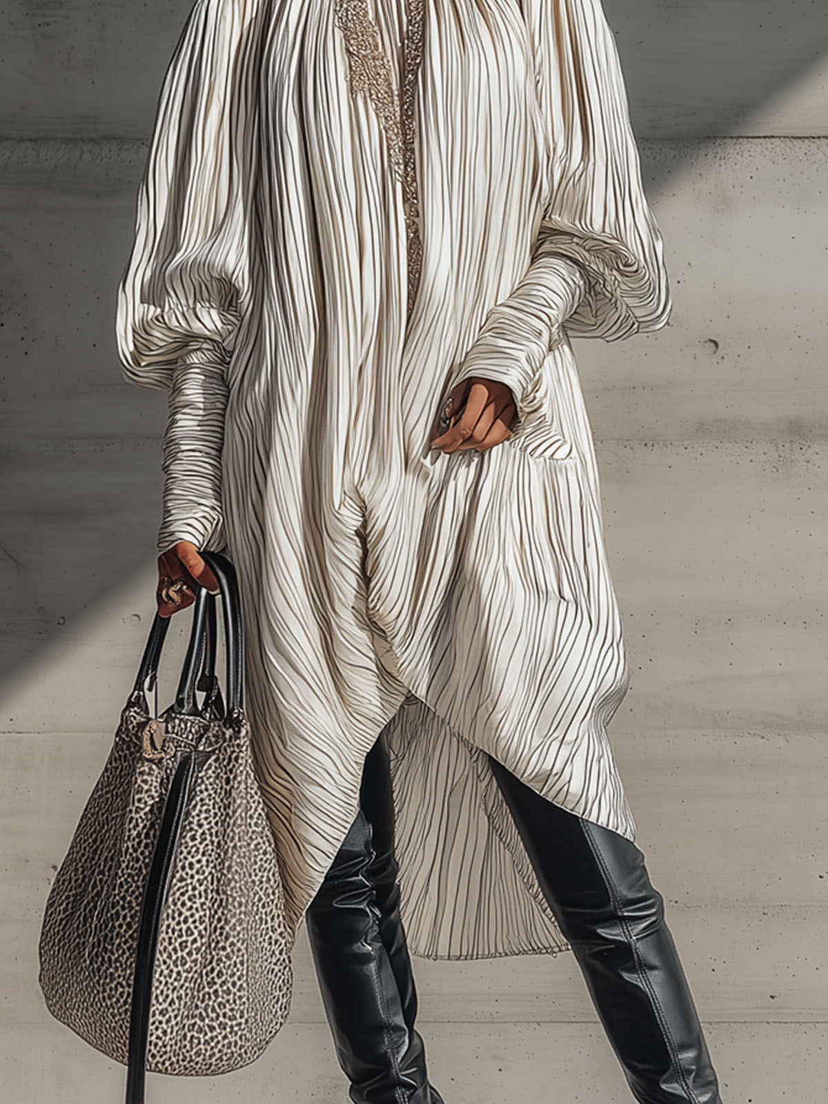 White Polyester Midi Pleated Loose Dress