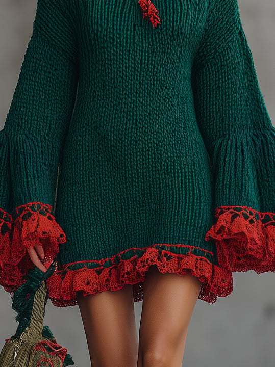 Green Knit Hoodie Mini Dress With Red Lace Bell Sleeves