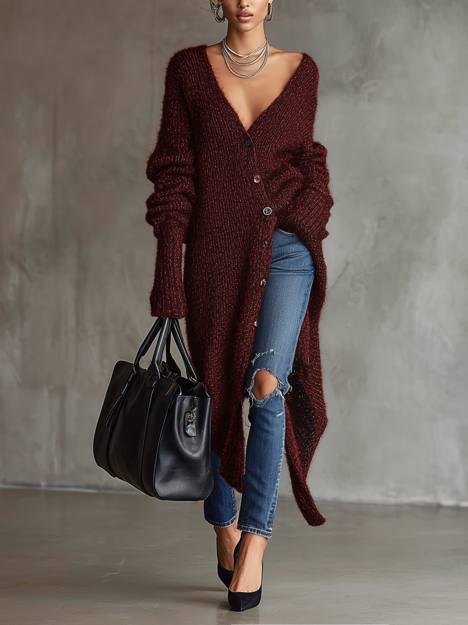 Burgundy Deep V-Neck Button Up Knit Cardigan
