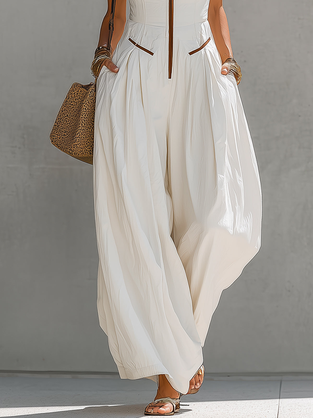 White Deep V-Neck Sleeveless Pleated Wide-Leg Jumpsuit