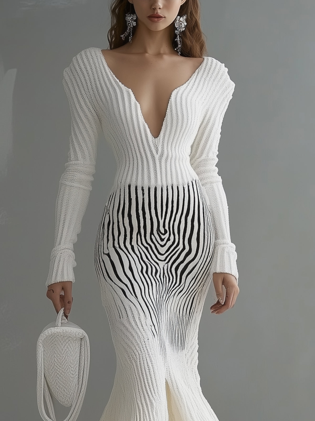 White Ribbed Knit Mermaid Dress With Zebra Effect And Deep V-Neck