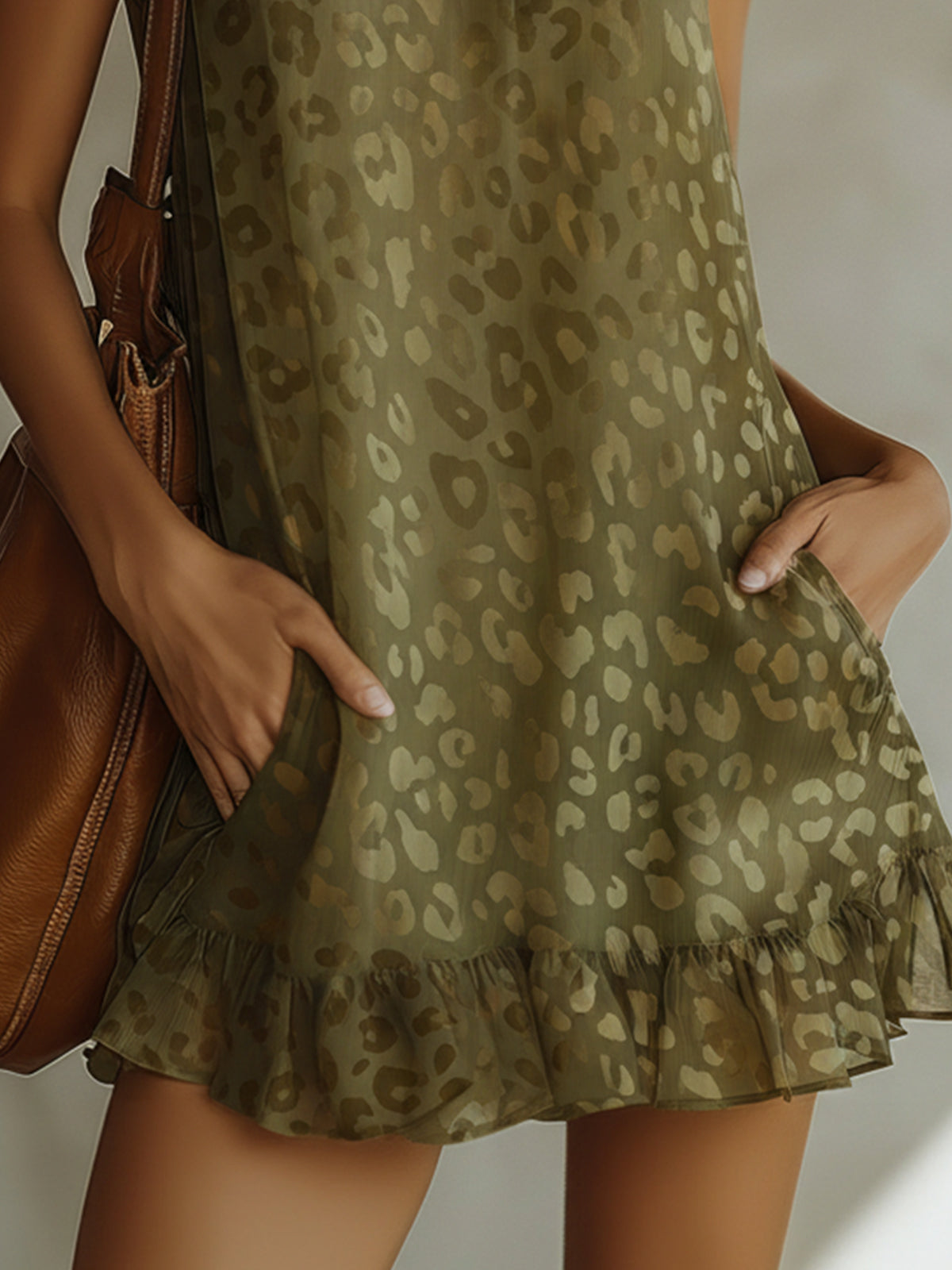 Olive Leopard Print Sleeveless Ruffle Hem Mini Dress