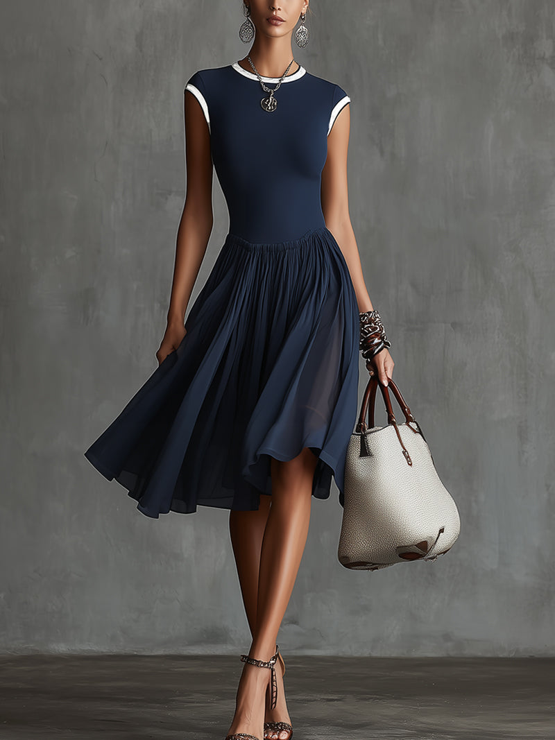 Navy Blue Contrast-Trim Cap Sleeve Midi Dress With Flowing Chiffon Skirt