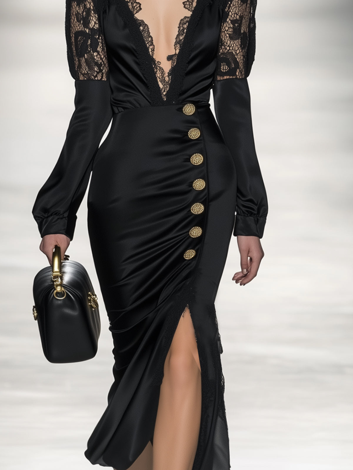 Black Satin Dress With Lace Detailing And Gold Buttons