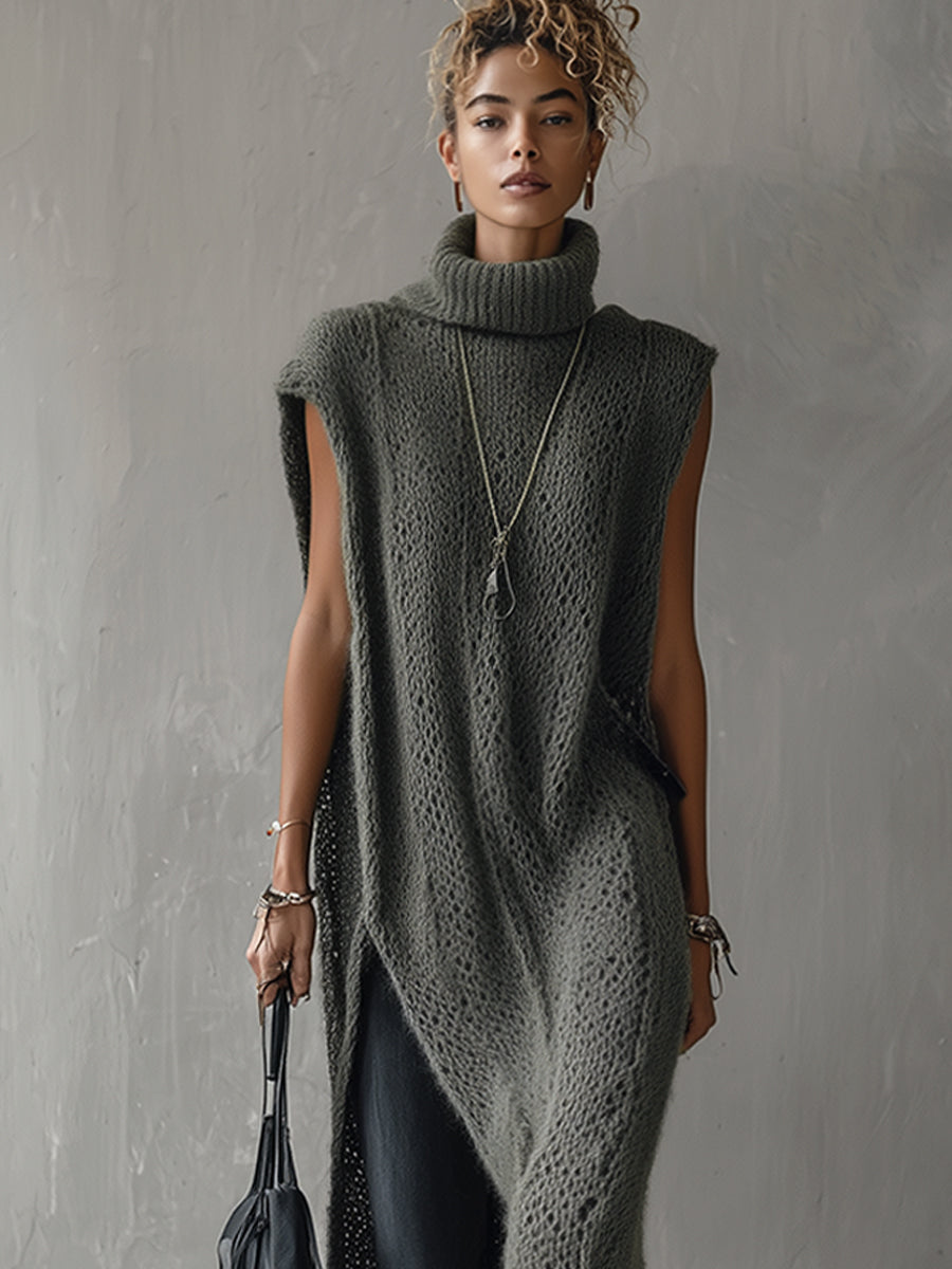 Gray Green Knit Sleeveless Turtleneck Maxi Dress