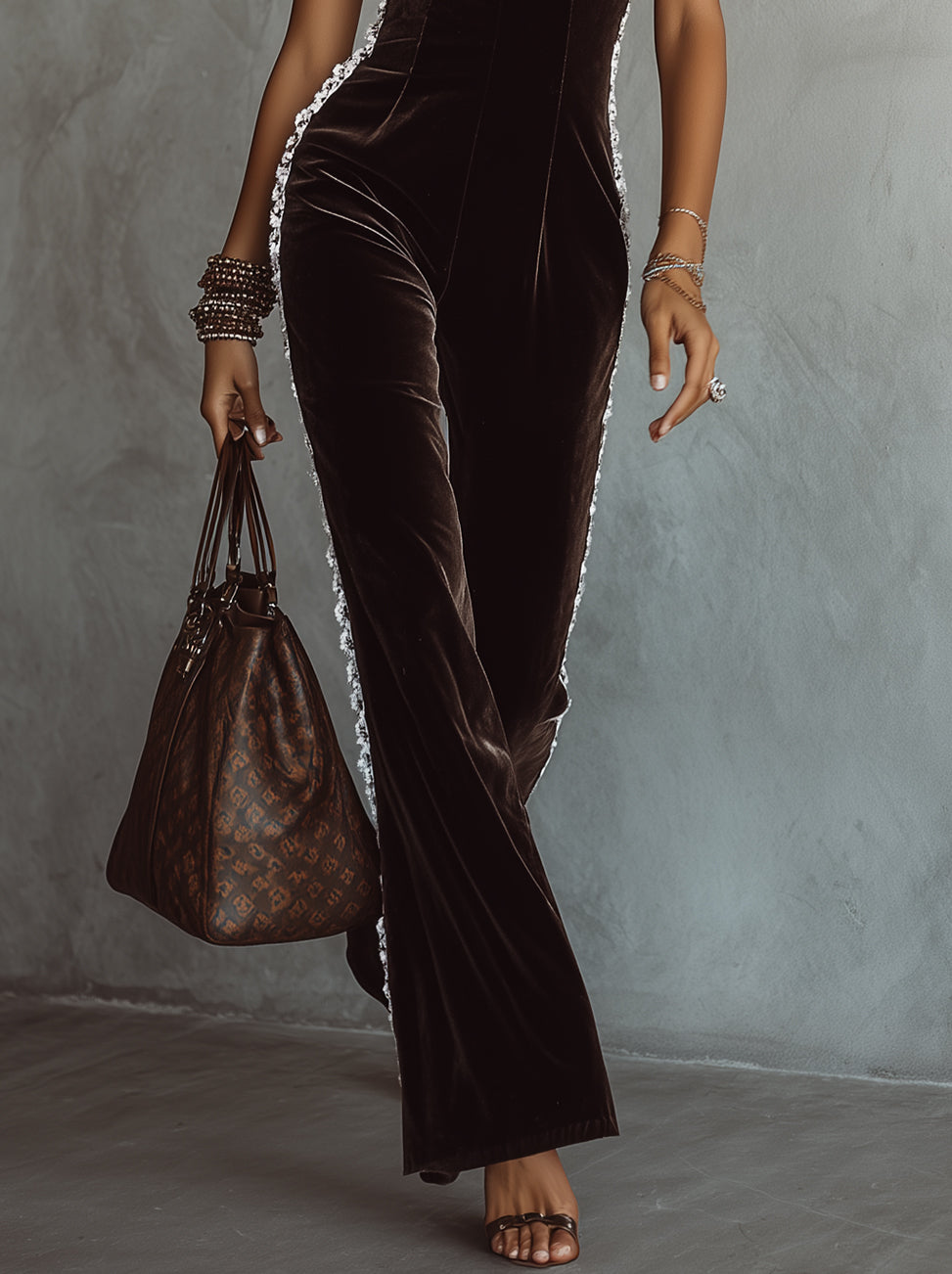 Brown Velvet Halter Lace-Trim Wide-Leg Jumpsuit