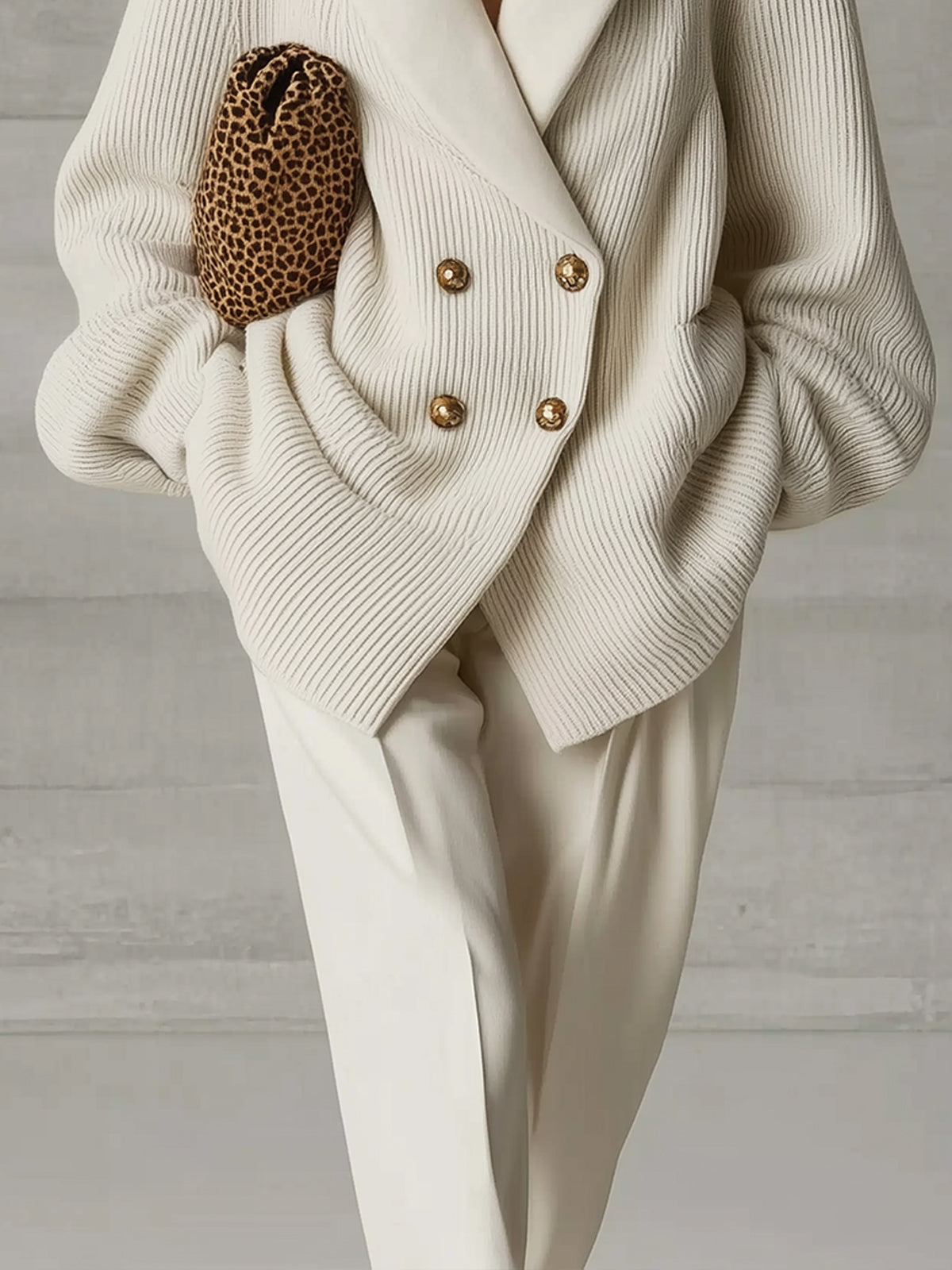 Ivory Commuter Style Wool Lapel Knit Coat