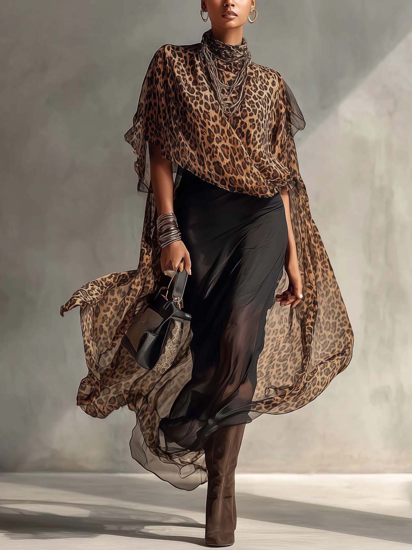 Leopard Chiffon Kimono Set With Black Bodycon Dress