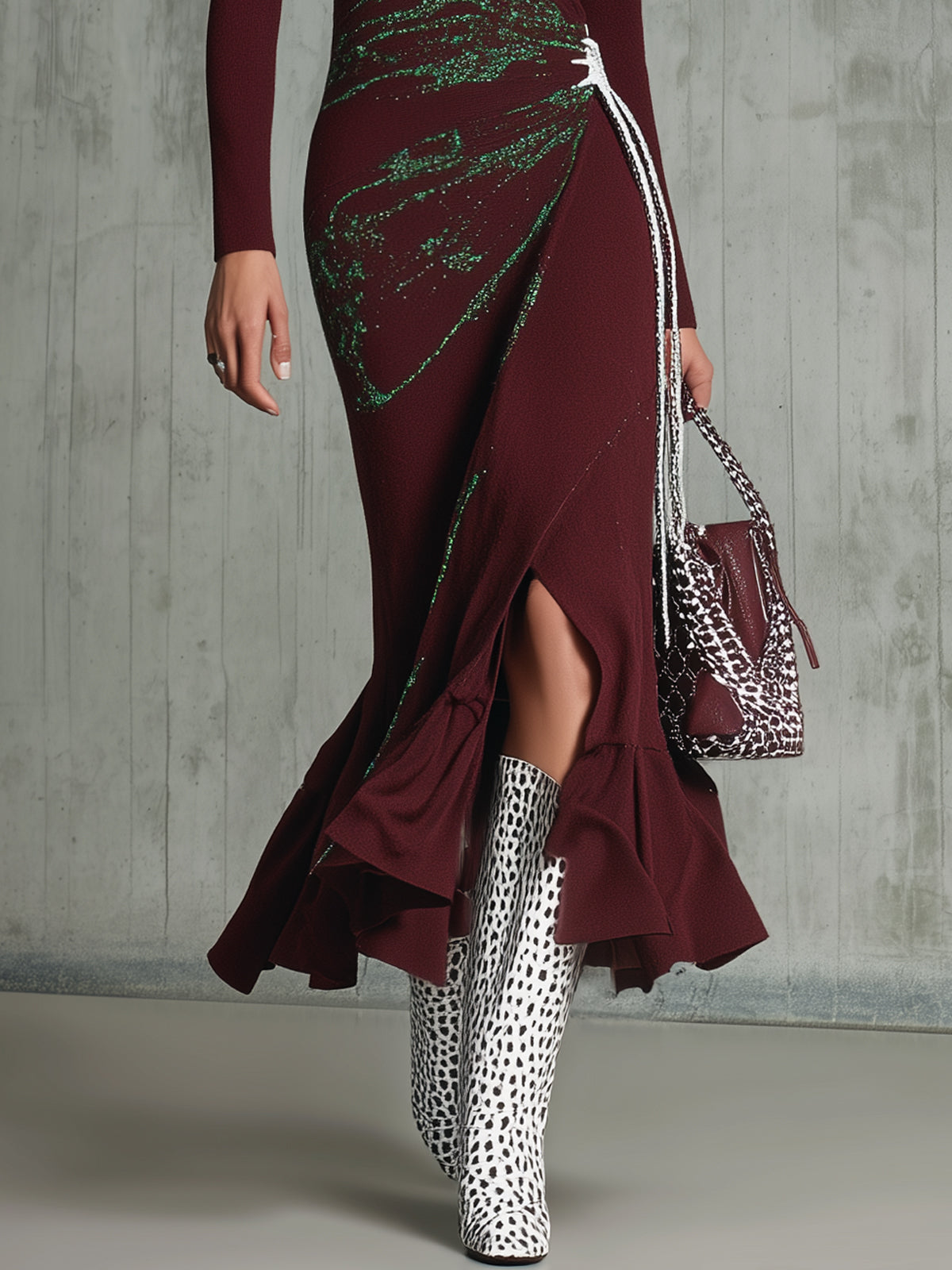 Burgundy Knit Draped V-Neck Long Sleeve Midi Dress