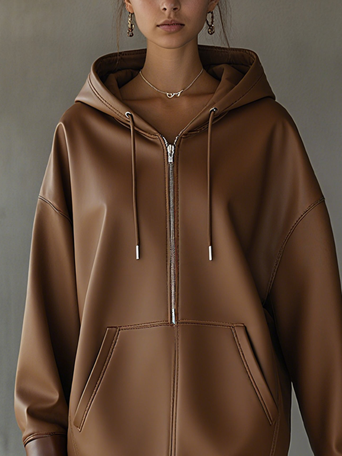 Chocolate Brown Faux Leather Hoodie Dress