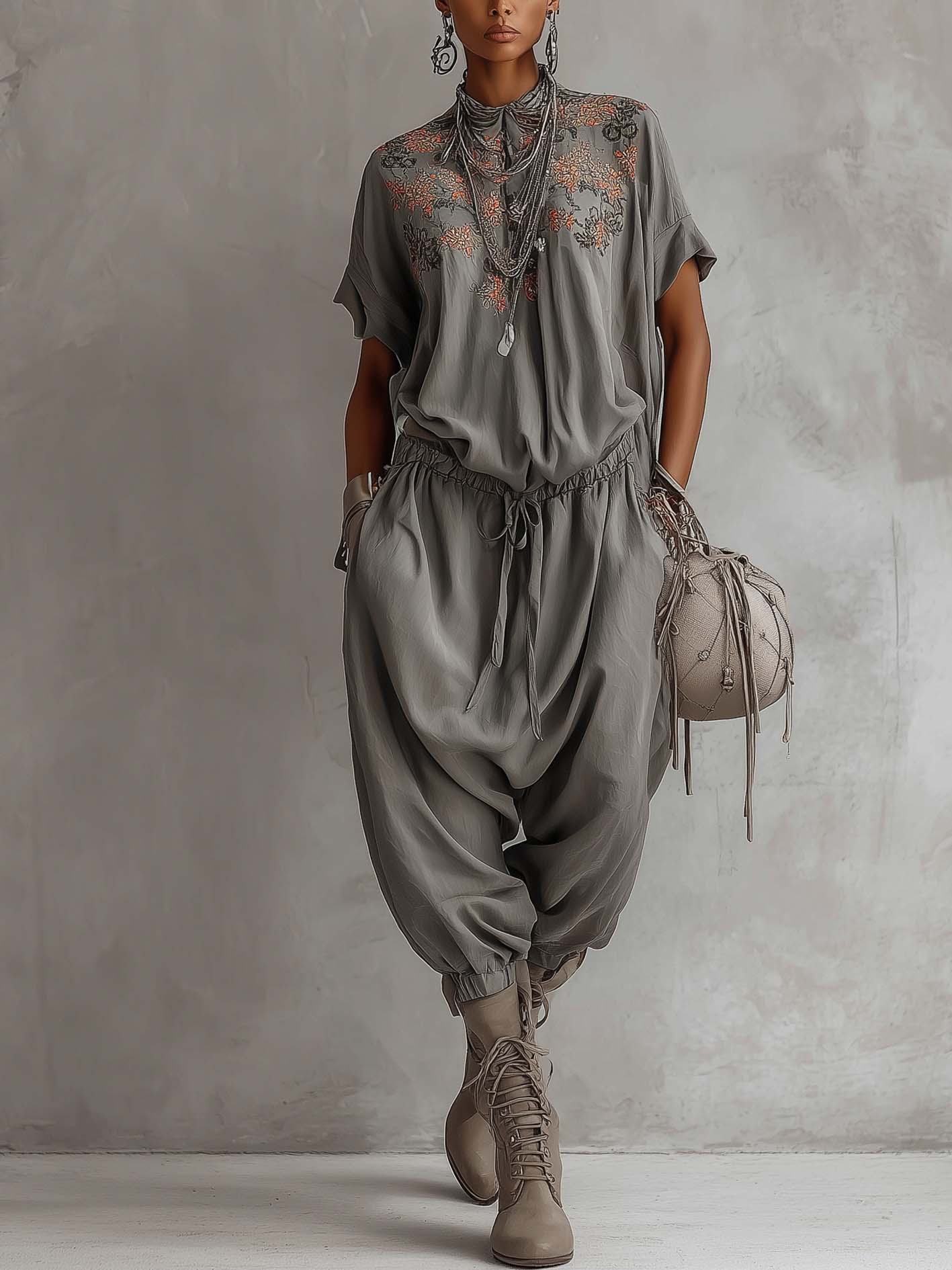 Gray Cotton Linen Embroidered Neck Short Sleeve Jumpsuit