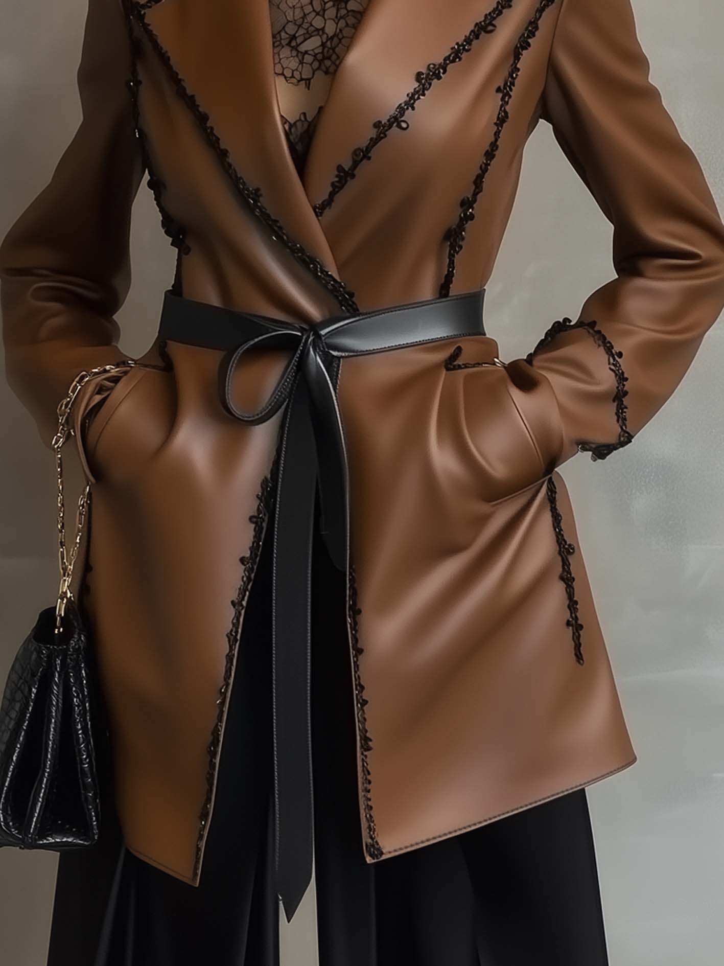 Brown Faux Leather Jacket With Stylish Black Webbing And Belt
