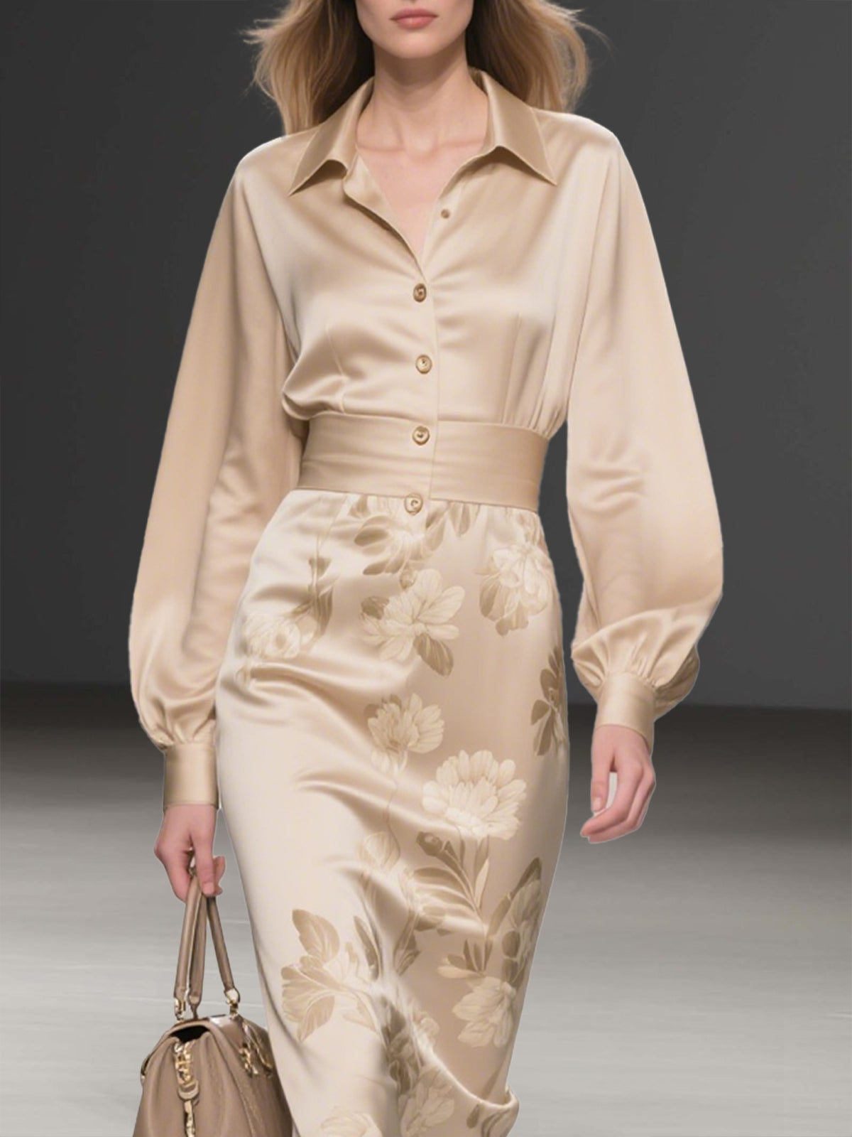 Champagne Satin Shirt Dress With Floral Print