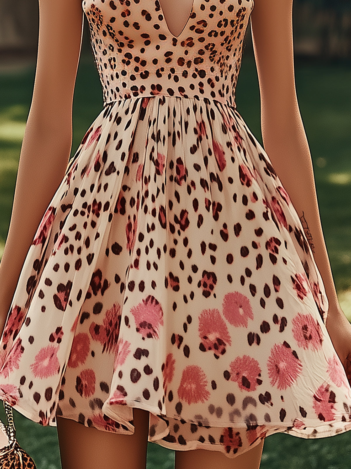 Unique Leopard Floral Print Chiffon Mini Dress