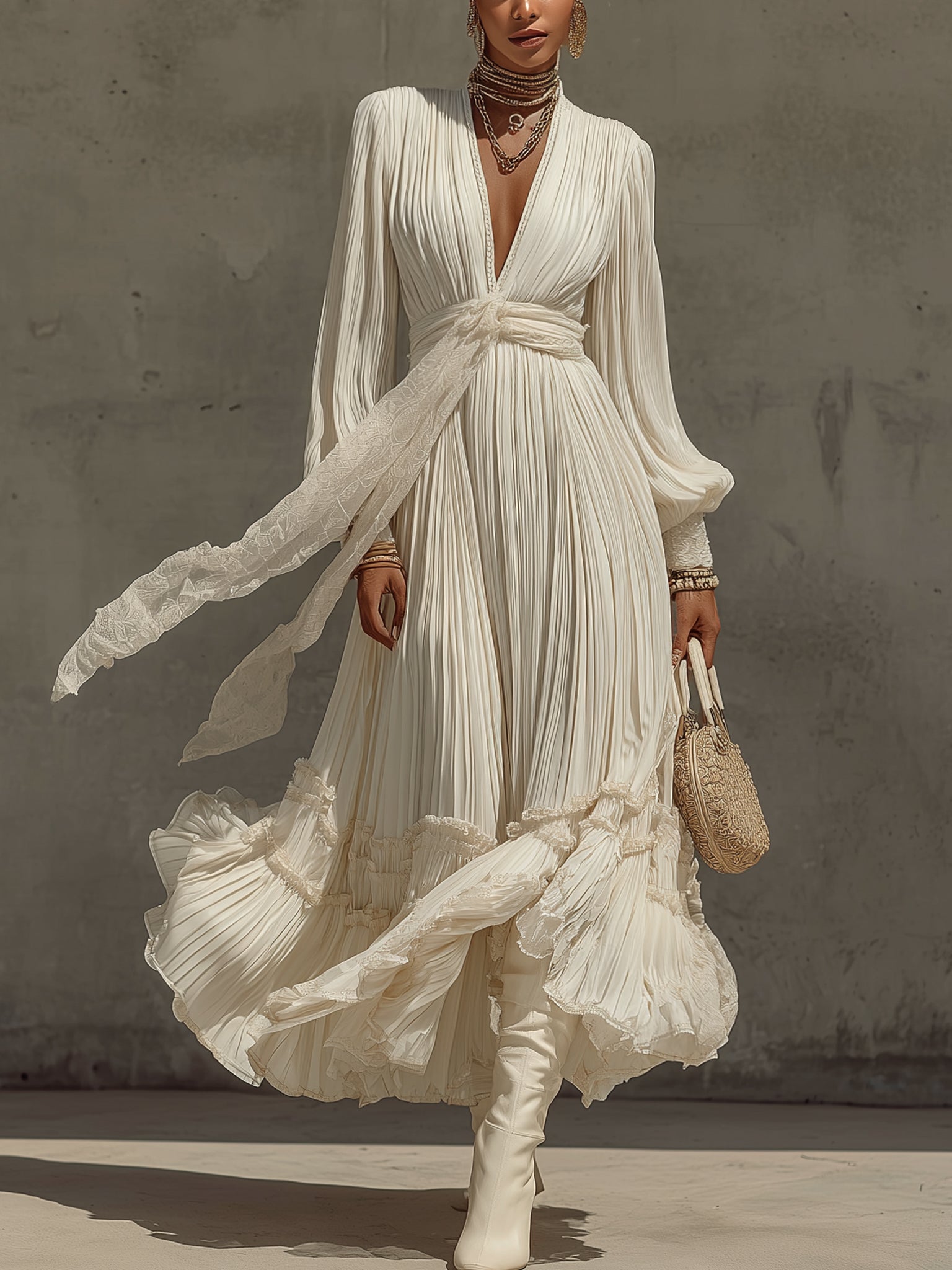 White Deep V-Neck Pleated Long Sleeve Maxi Dress With Lace Belt