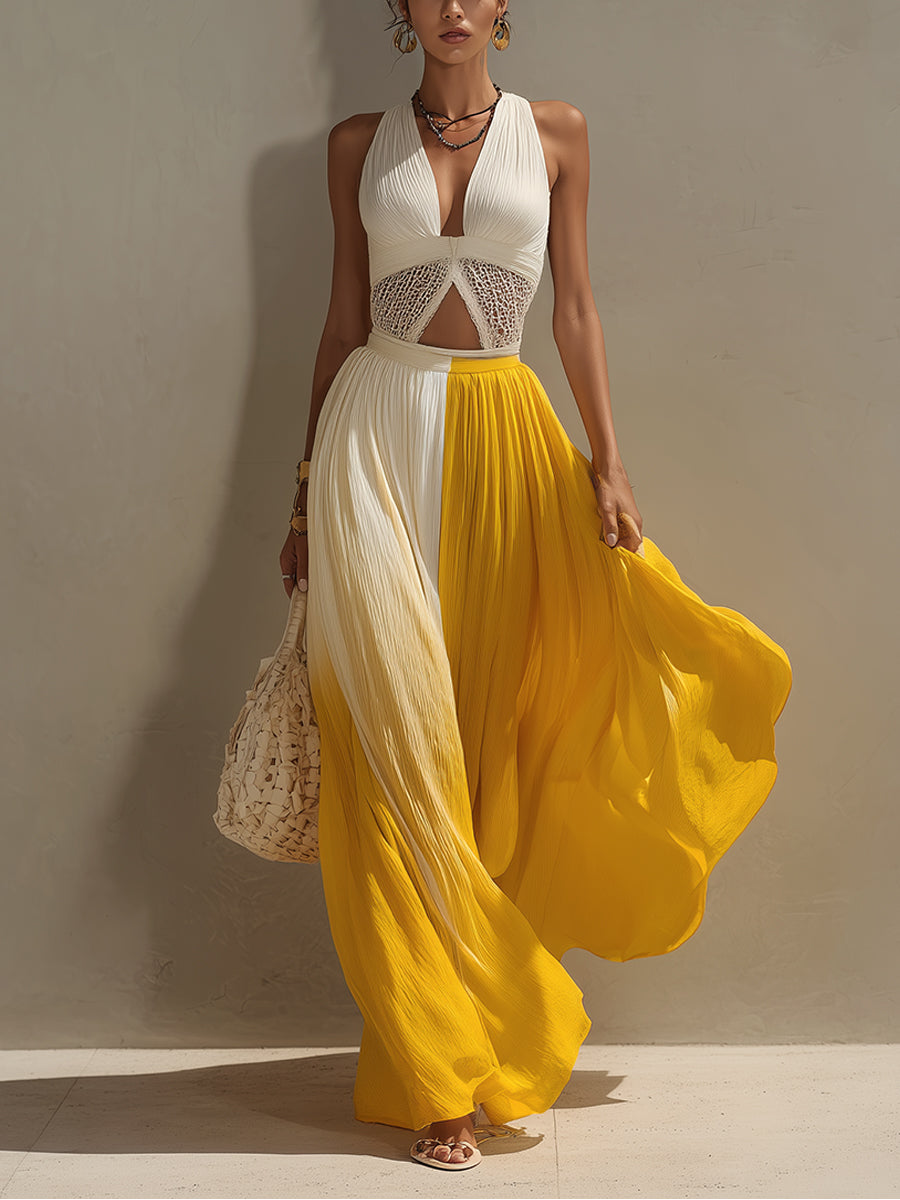 Yellow Gradient Chiffon Sleeveless Maxi Dress