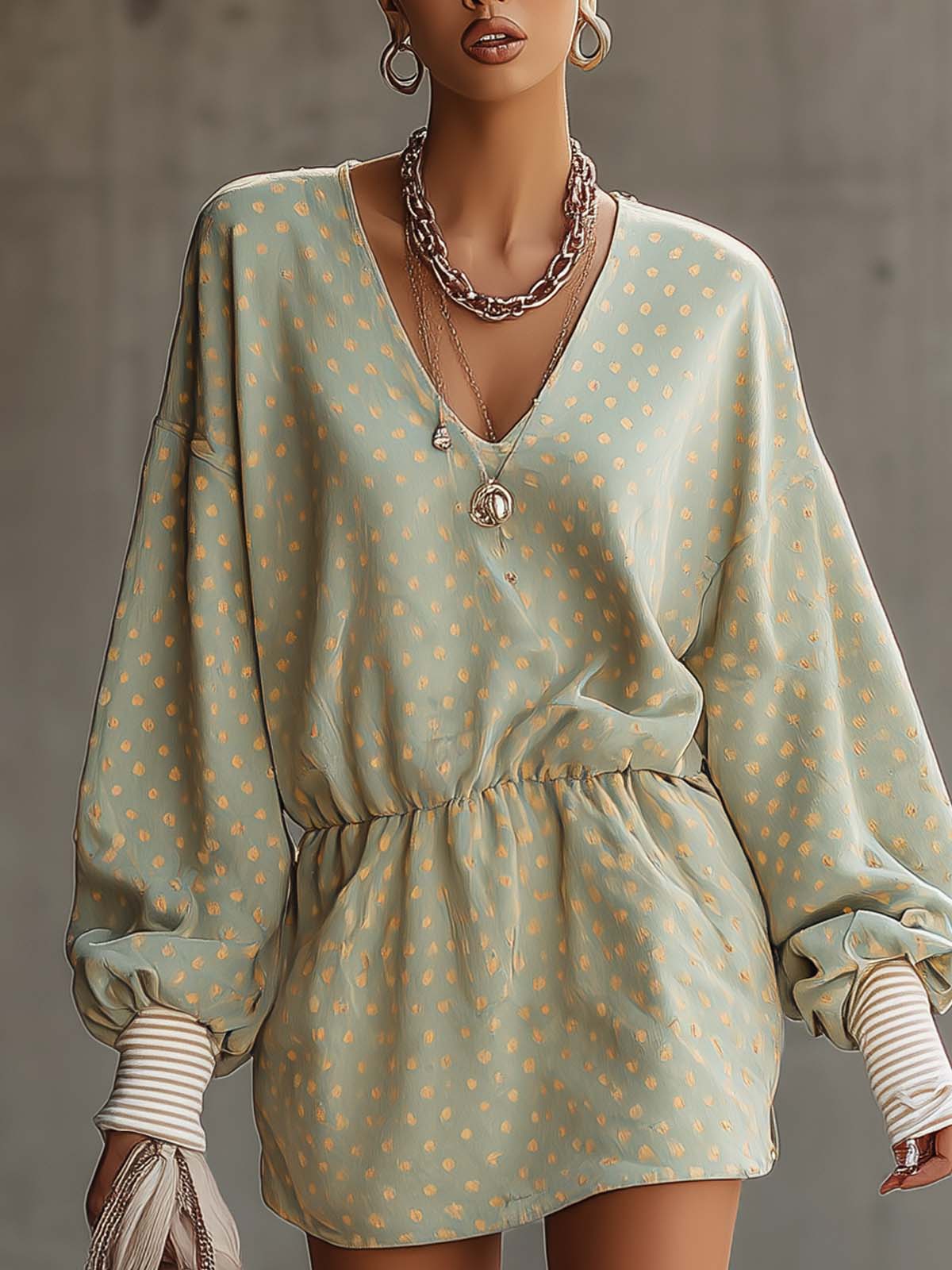 Mint Green Velvet Polka Dot Fitted Waist V-neck Mini Dress