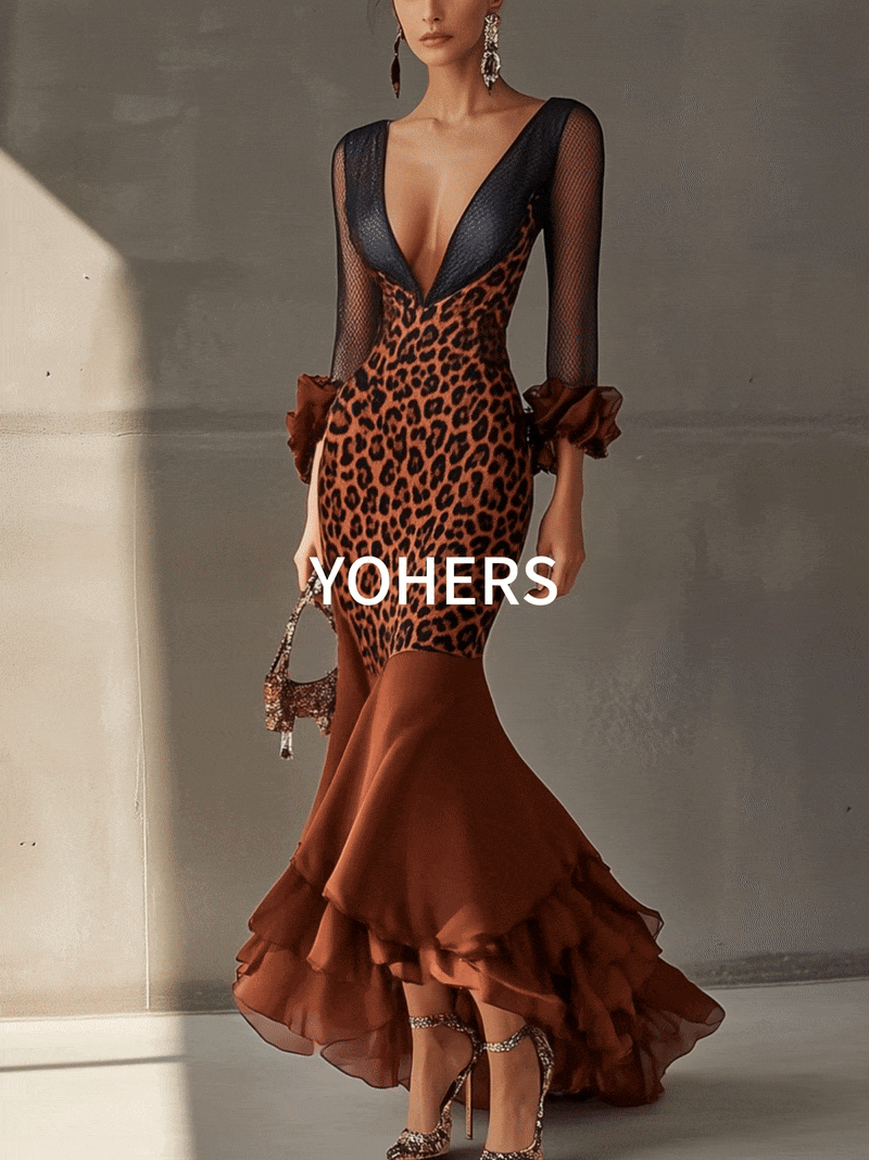 Reddish Brown Leopard Print Mesh Plunge Neck Ruffled Hem Maxi Dress