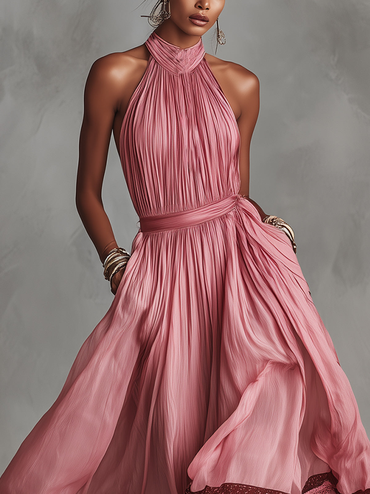 Pink Pleated Halter Neck Lace Trim Maxi Dress