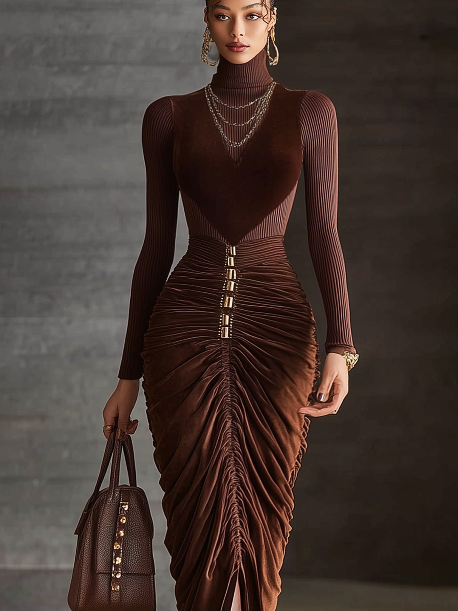 Brown Velvet Knit Ruched Turtleneck Long Sleeve Bodycon Dress