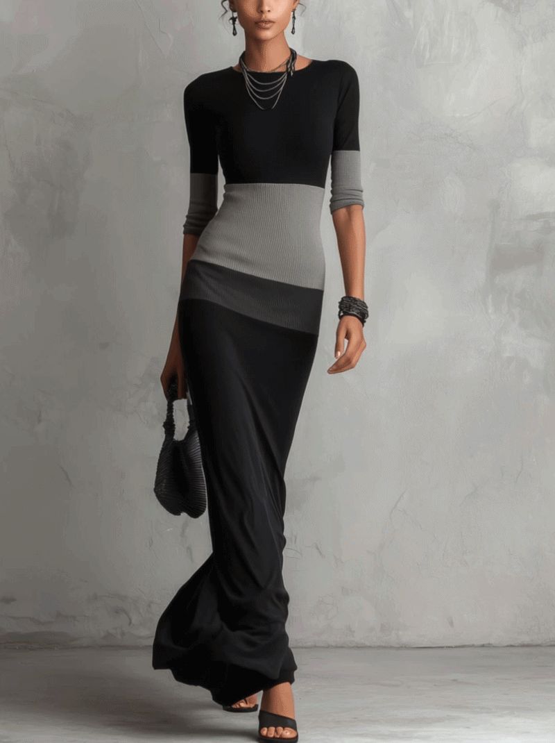 Black And Gray Color Block Bodycon Maxi Dress