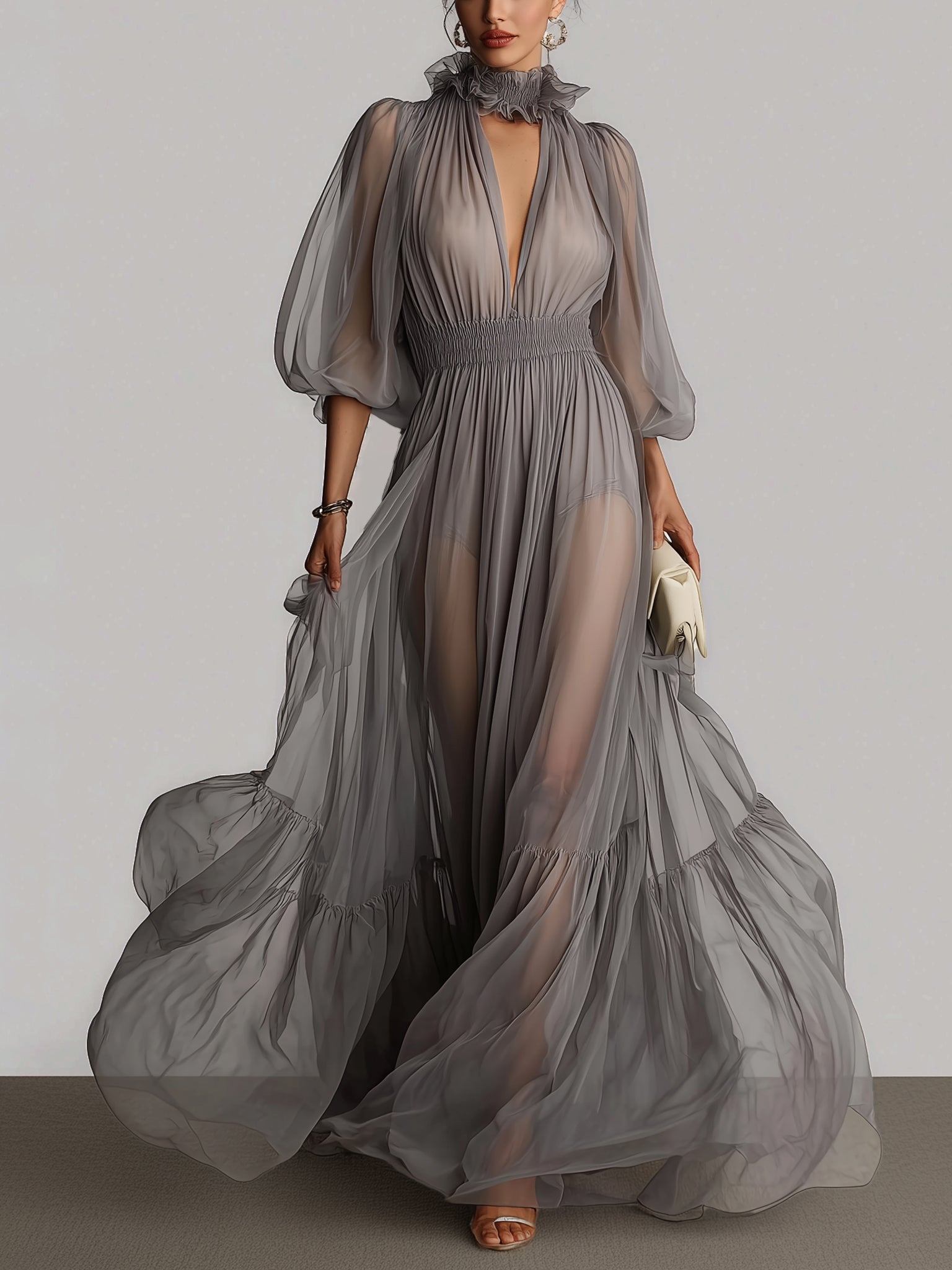 Ethereal Gray Sheer Chiffon Maxi Dress