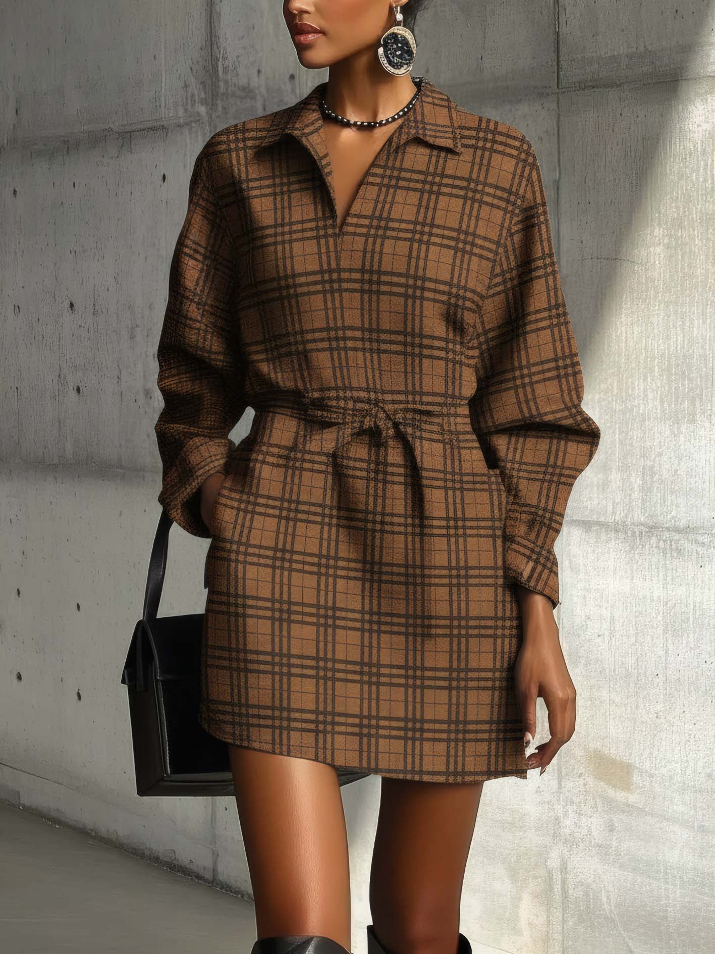 Brown Faux Suede Mini Dress With Plaid