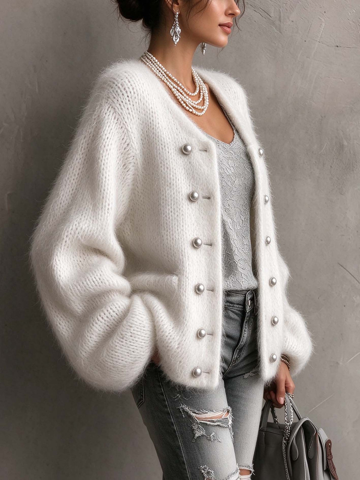 Ivory Fuzzy Mohair Cardigan With Double Row Of Pearl-Trim Buttons
