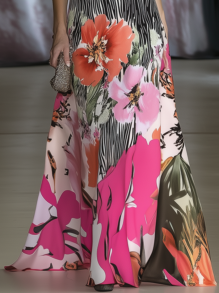 Maxi Dress In Black With Stripes And Flower Print