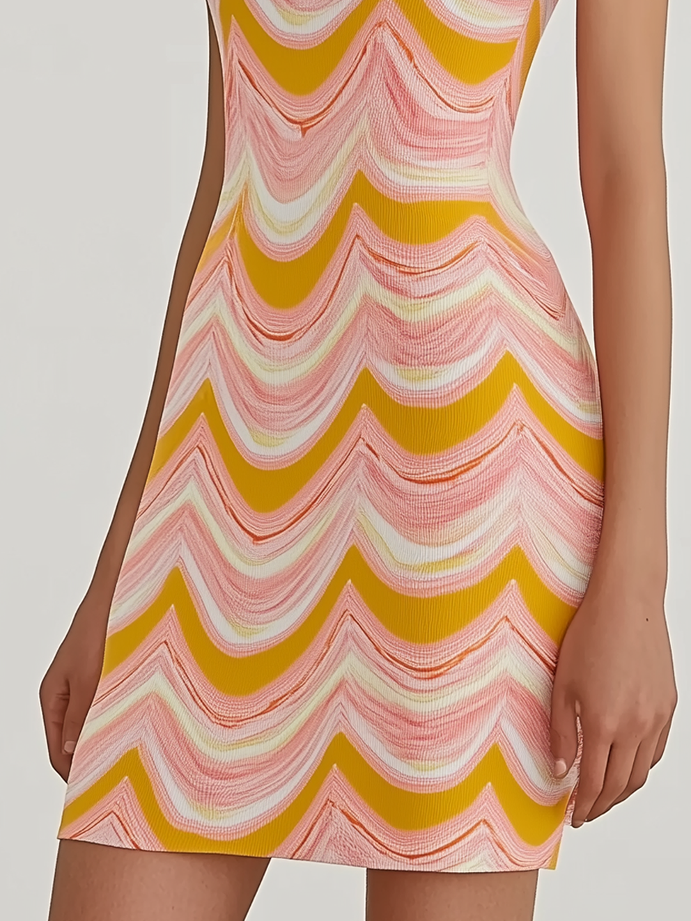 Sleeveless Pink High Stretch Midi Bodycon Dress With Striped