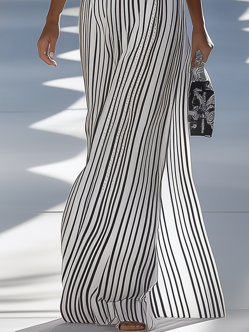 V-neck Sleeveless White Maxi Dress With Black Diagonal Lines