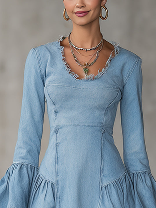 Light Blue Denim Frayed-Edge Bell-Sleeve A-Line Mini Dress