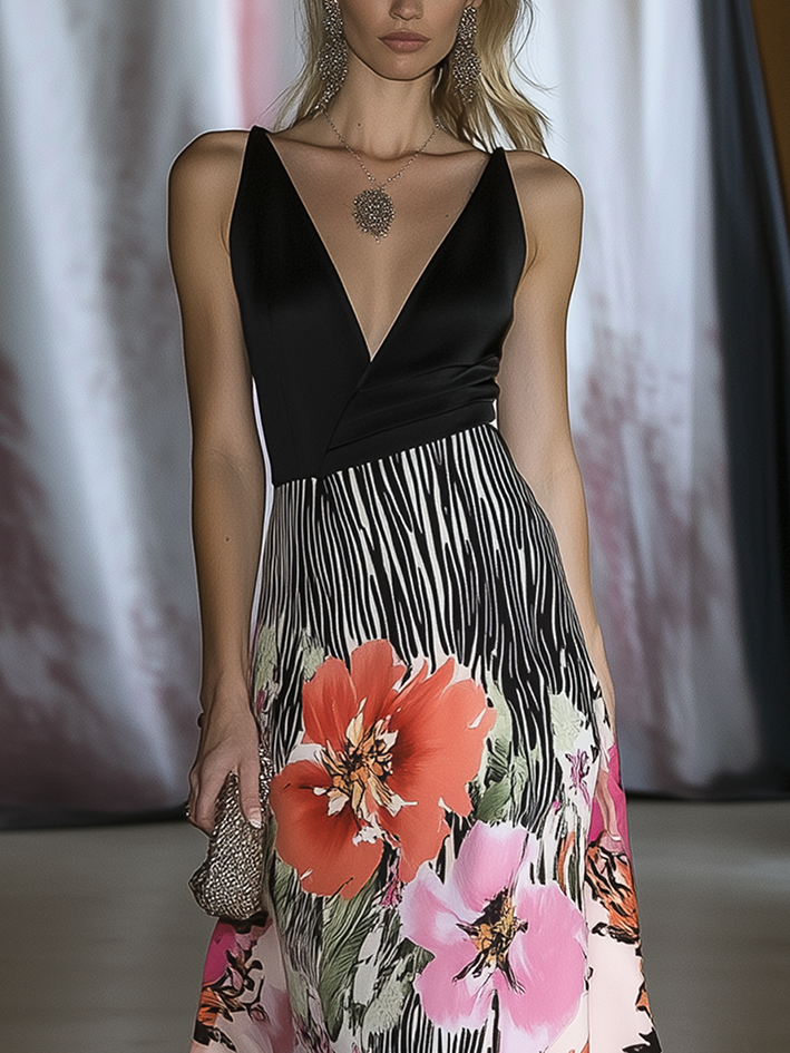 Maxi Dress In Black With Stripes And Flower Print