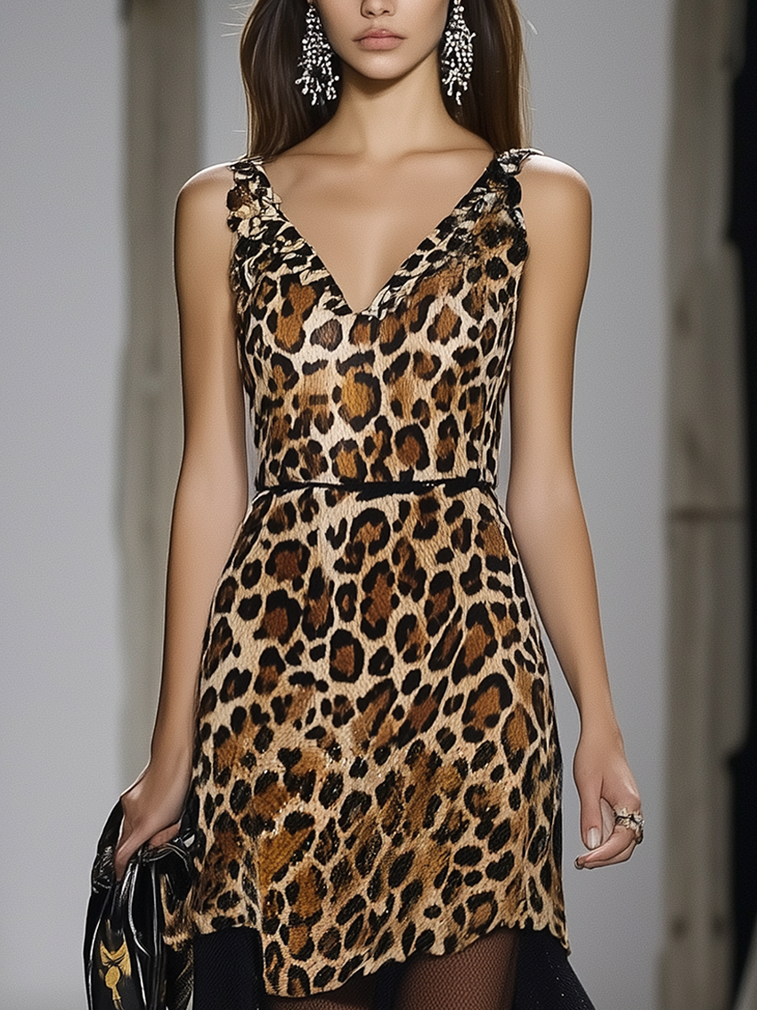 Sleeveless Stitching Maxi Dress With Leopard Print In Black Mesh