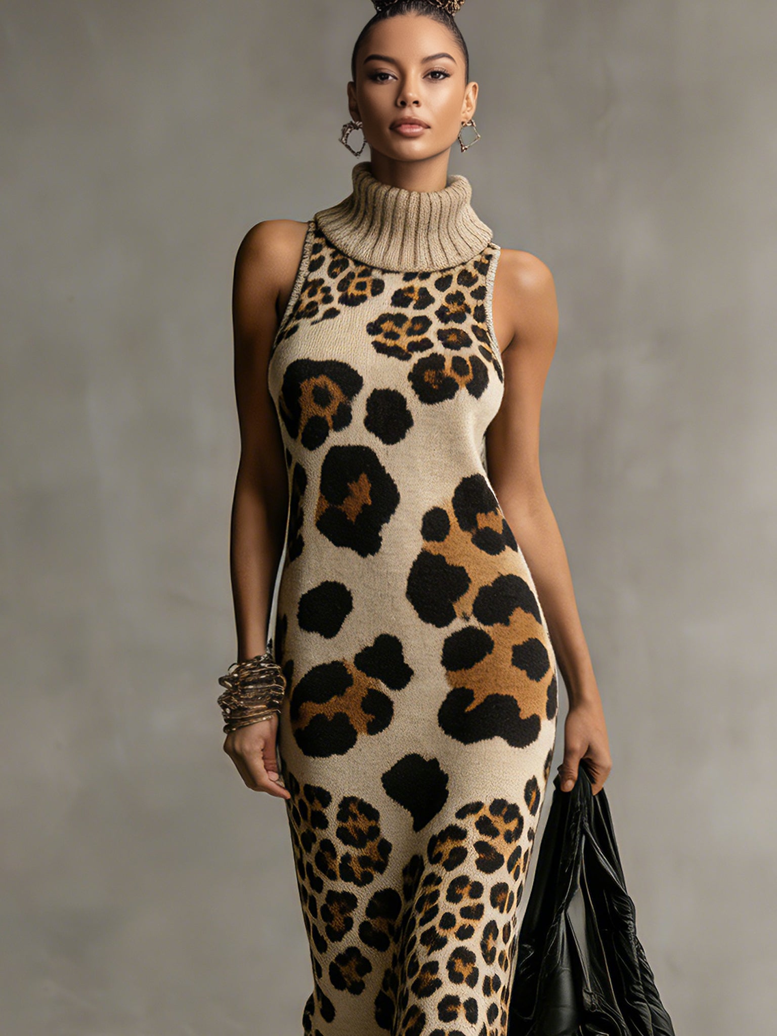 Brown Irregular Leopard Print Knitted Tassel Sleeveless Maxi Dress