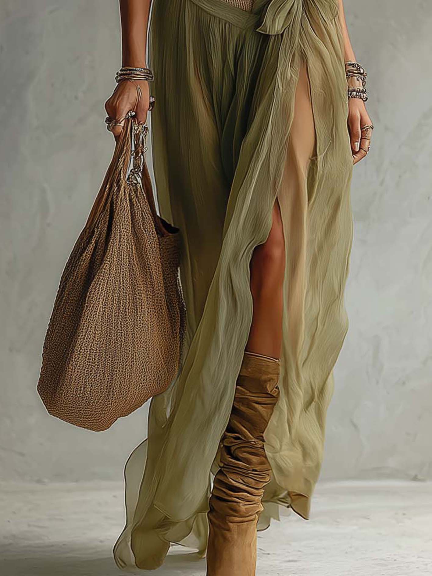 Beige Knit And Chiffon Patchwork Maxi Dress