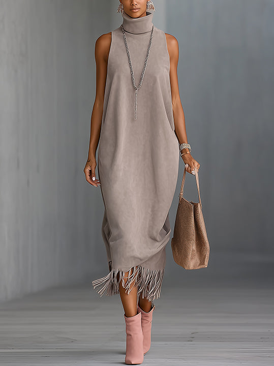 Gray Faux Suede Fringe Hem Sleeveless Turtleneck Midi Dress