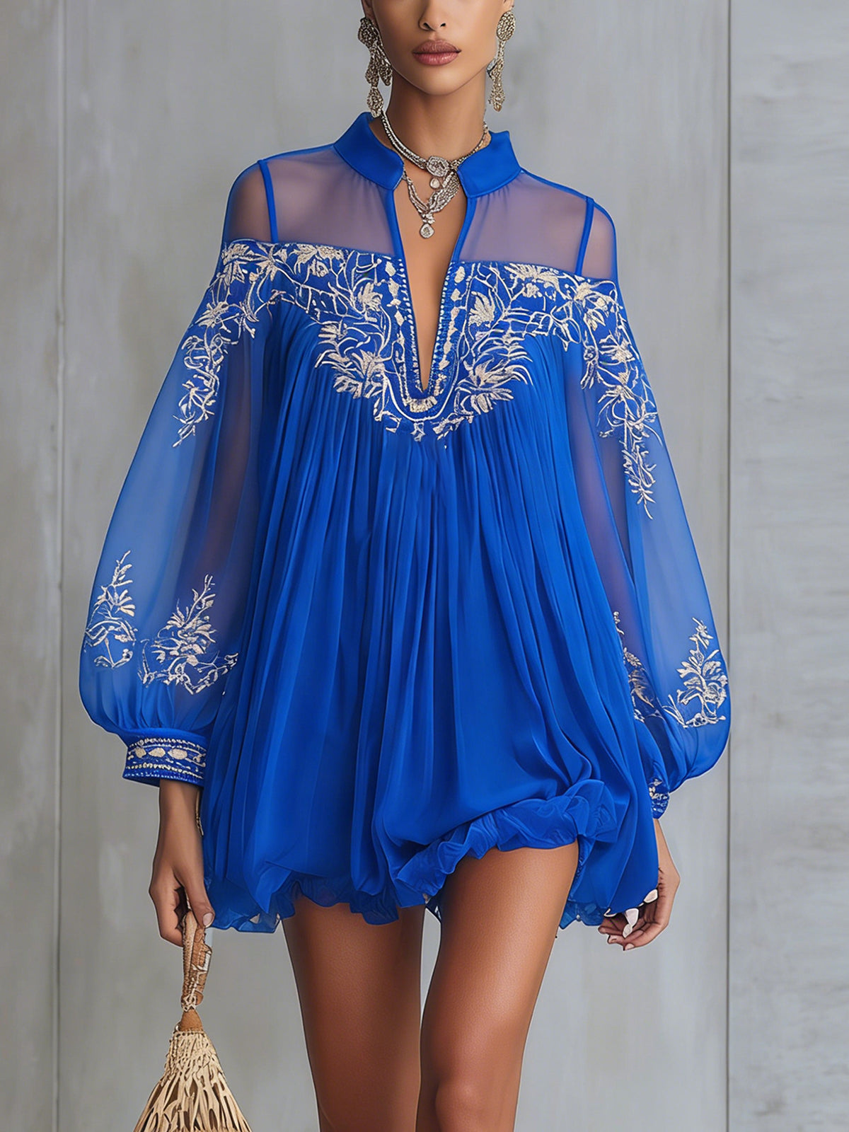 Blue Embroidered Sheer Lantern Sleeve Mini Dress