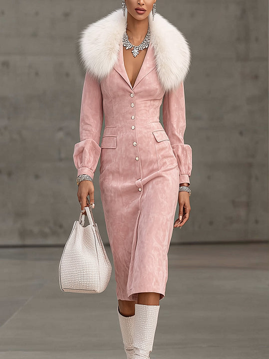 Pink Faux Suede Midi Dress With Faux Fur Collar And Button Detailing