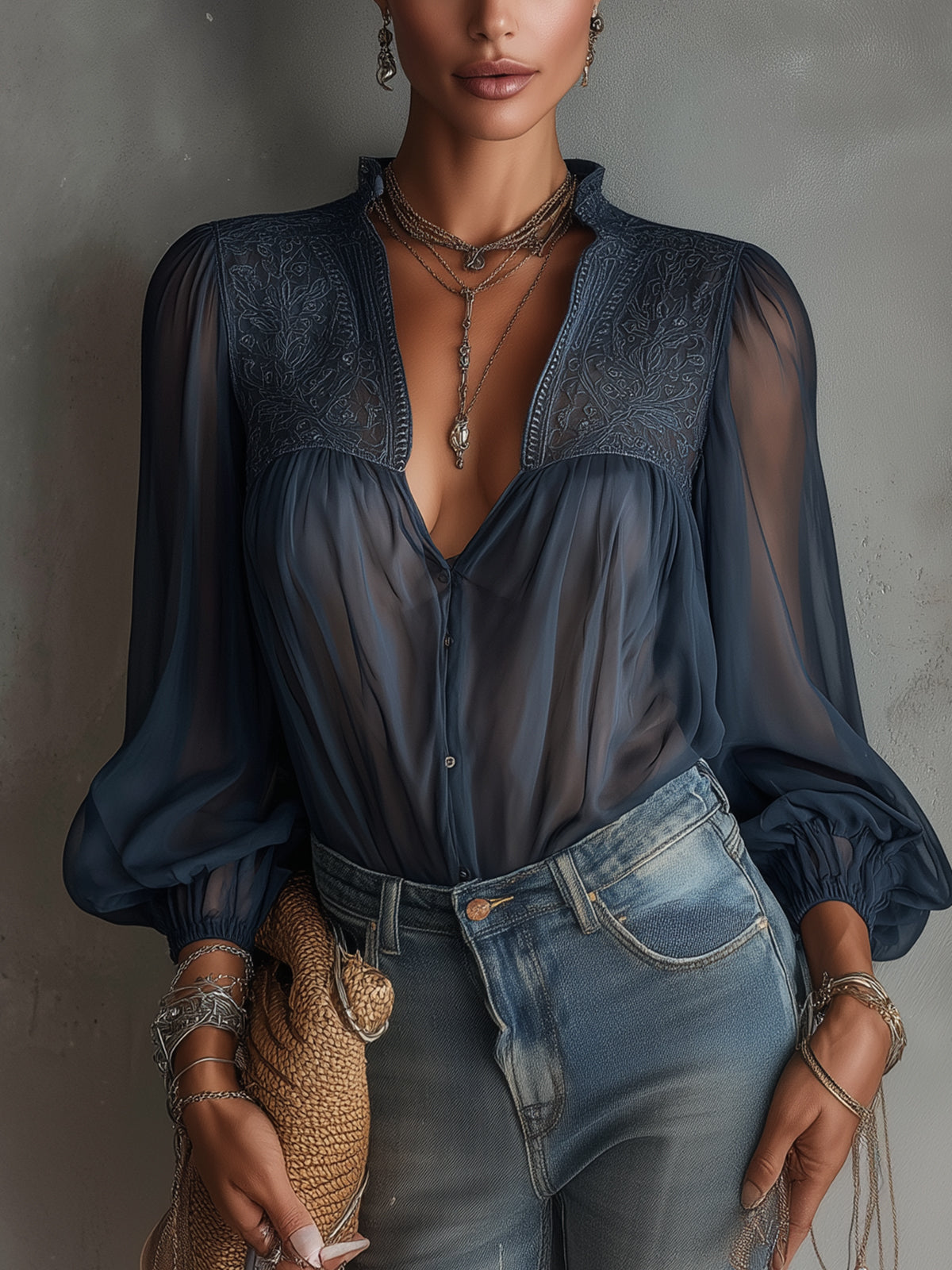 Navy Sheer Embroidered Chiffon Lantern Sleeve Blouse