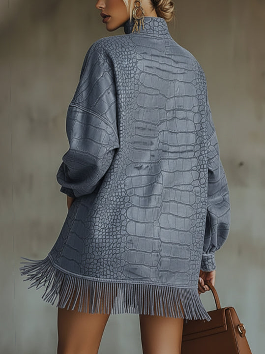 Blue Faux Crocodile-Textured Fringed High Collar Mini Dress