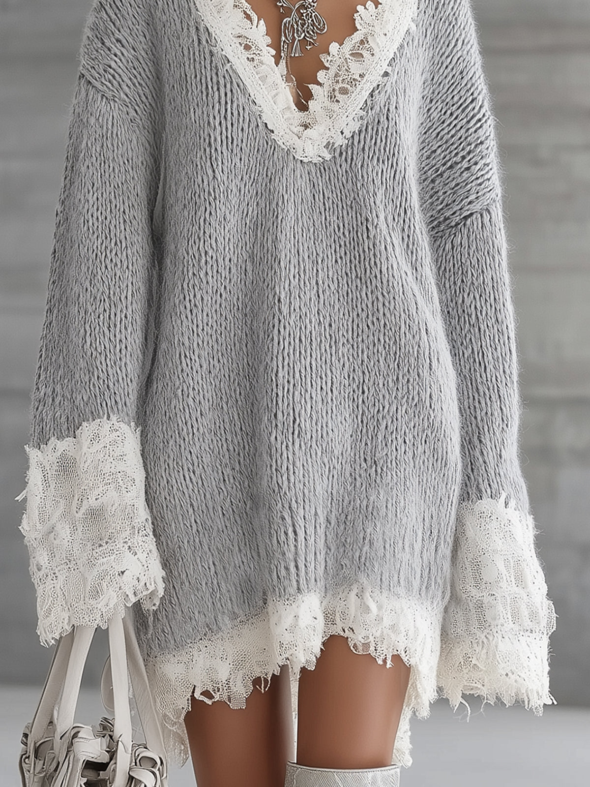 Soft Gray Knit Lace Trim Oversized Sweater Dress