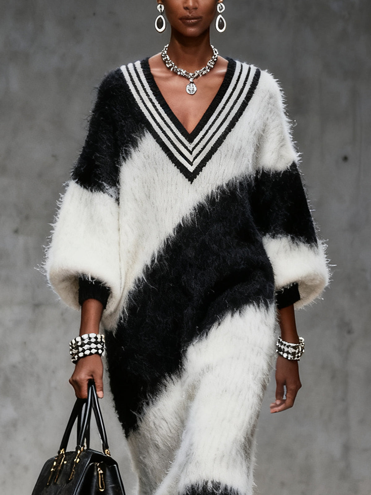 Black And White Fuzzy V-Neck Sweater Dress