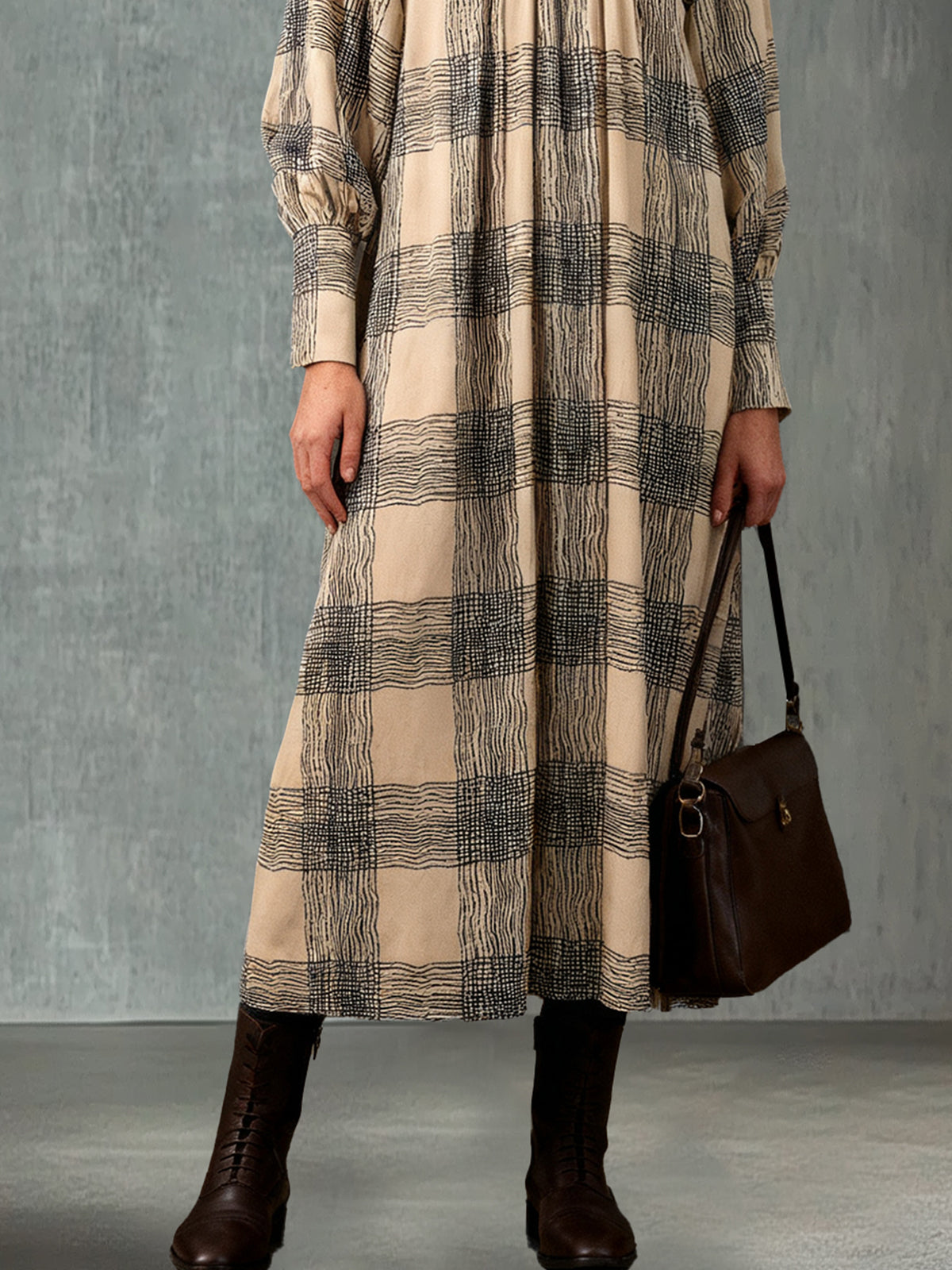 Beige Plaid Long-Sleeve Maxi Dress With High Neck