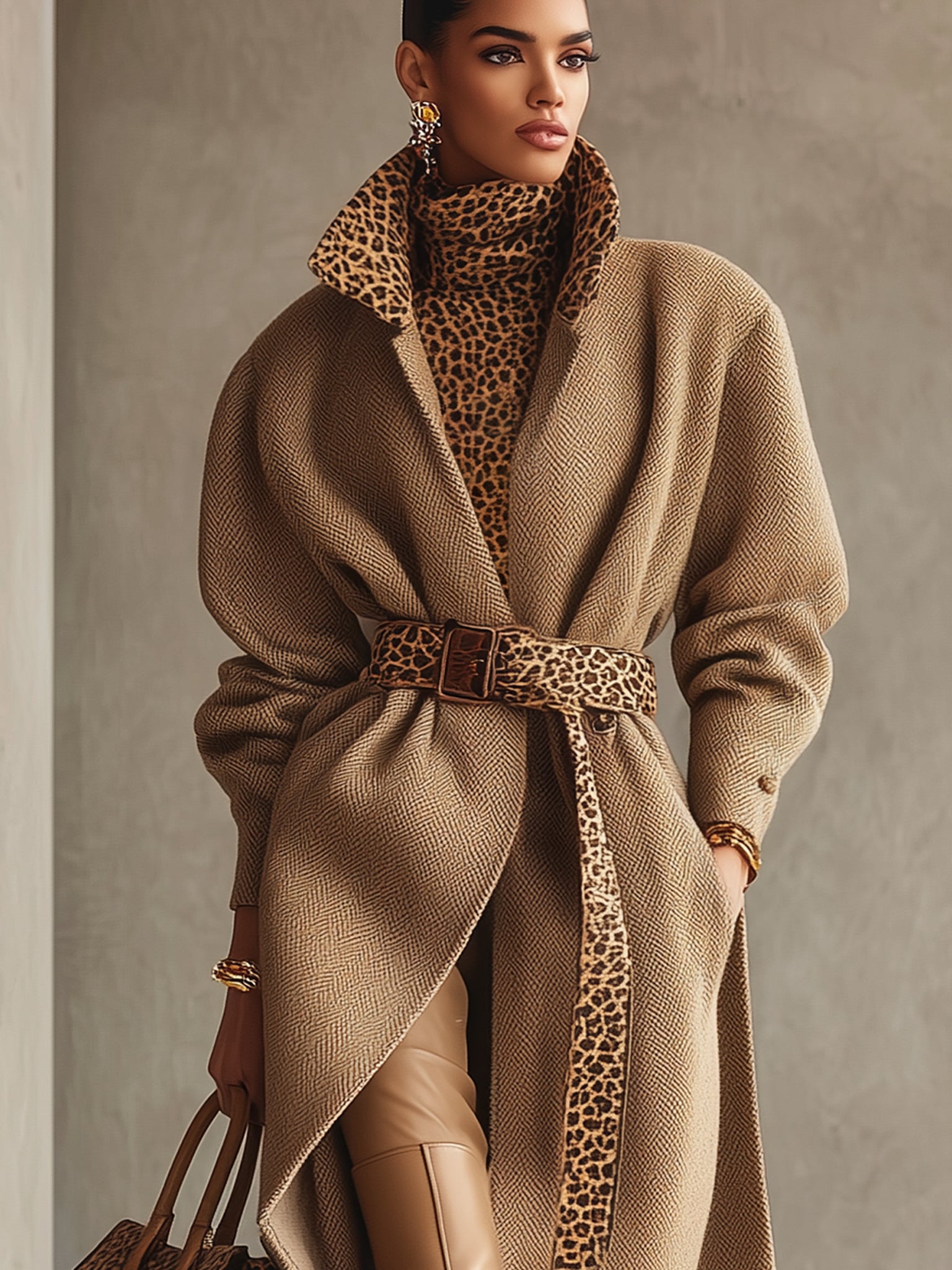 Camel  Herringbone Coat With Leopard Print Belt