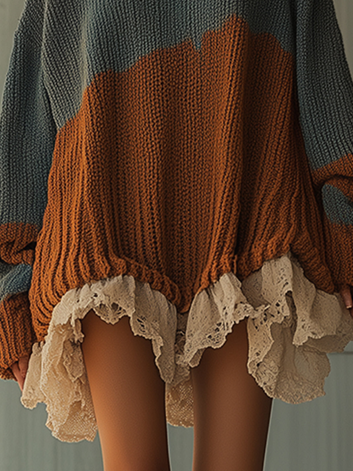 Two Tone Knit Lace Trim Hoodie Dress