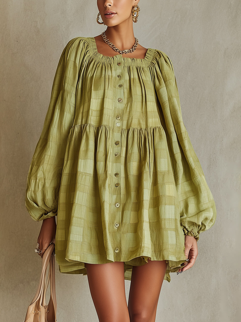 Green Puff-Sleeve Button-Down Mini Dress