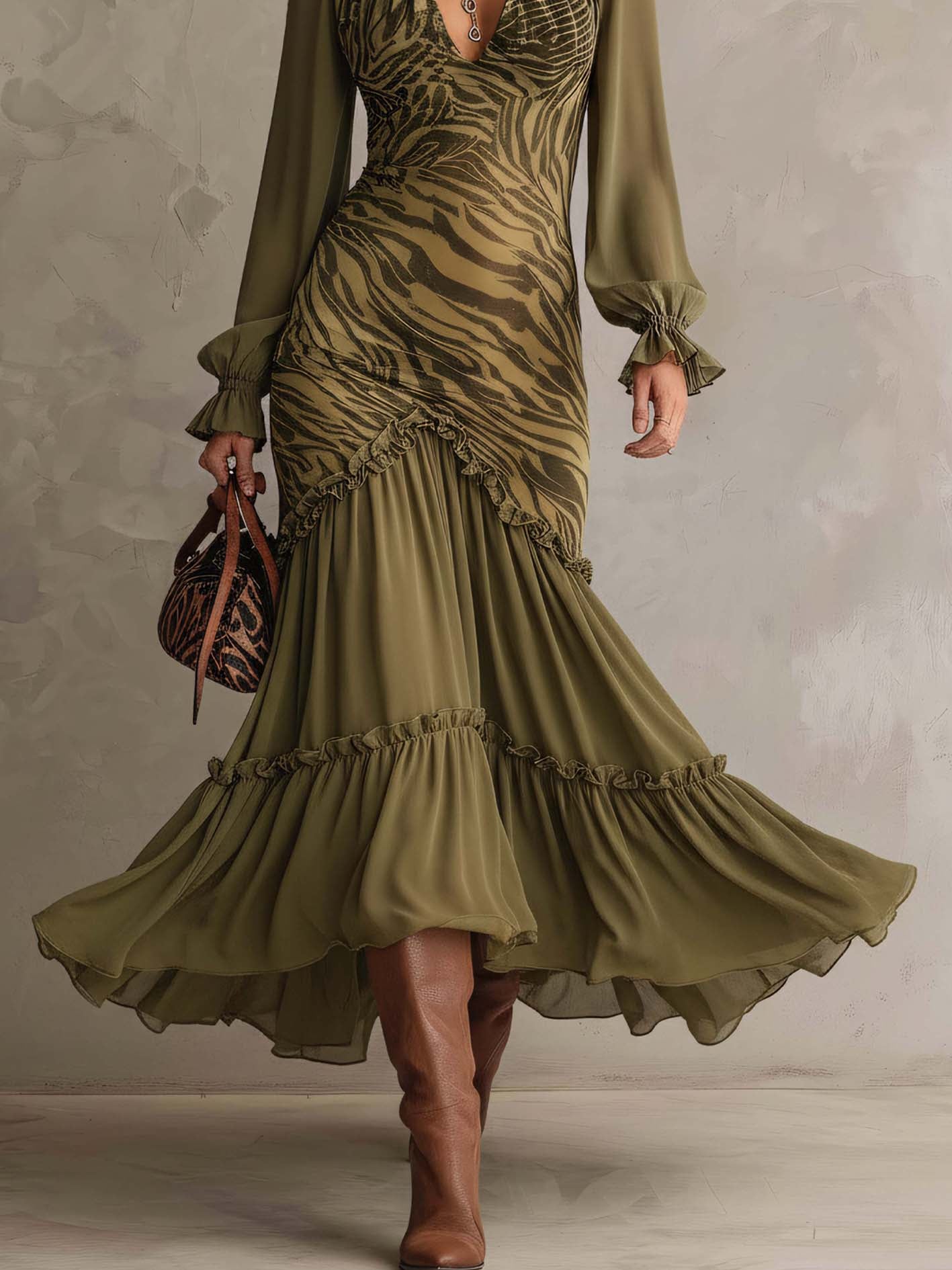 Olive Green Zebra Print Ruffle Patchwork Maxi Bodycon Dress