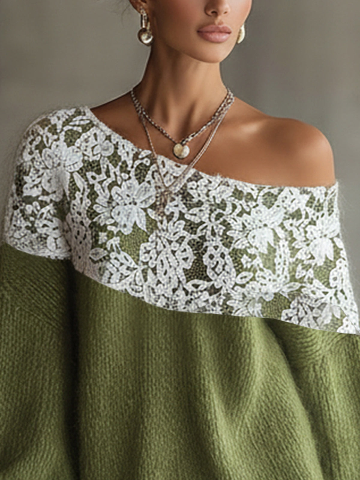 Green Off-Shoulder Knit Mini Dress With White Lace Yoke
